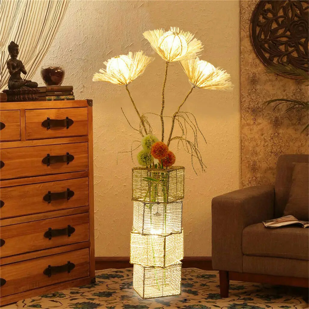 Modern Rattan Standing Floor Lamp Featuring Dimmable LED Flower Design
