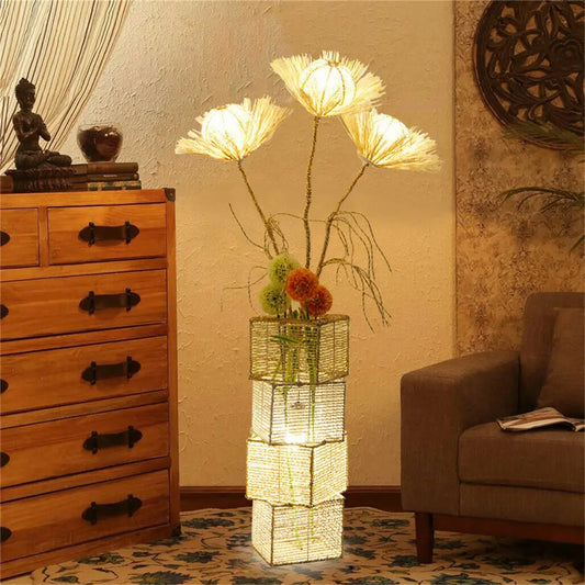 Modern Rattan Standing Floor Lamp Featuring Dimmable LED Flower Design