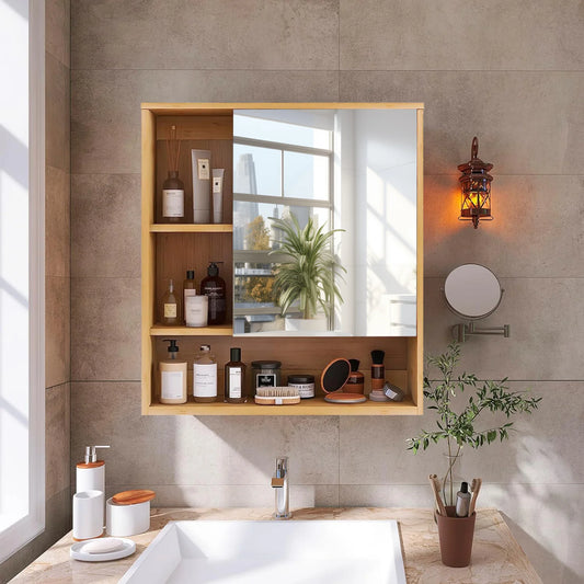Natural Bamboo Wall Medicine Cabinet With Mirror And Five Shelves