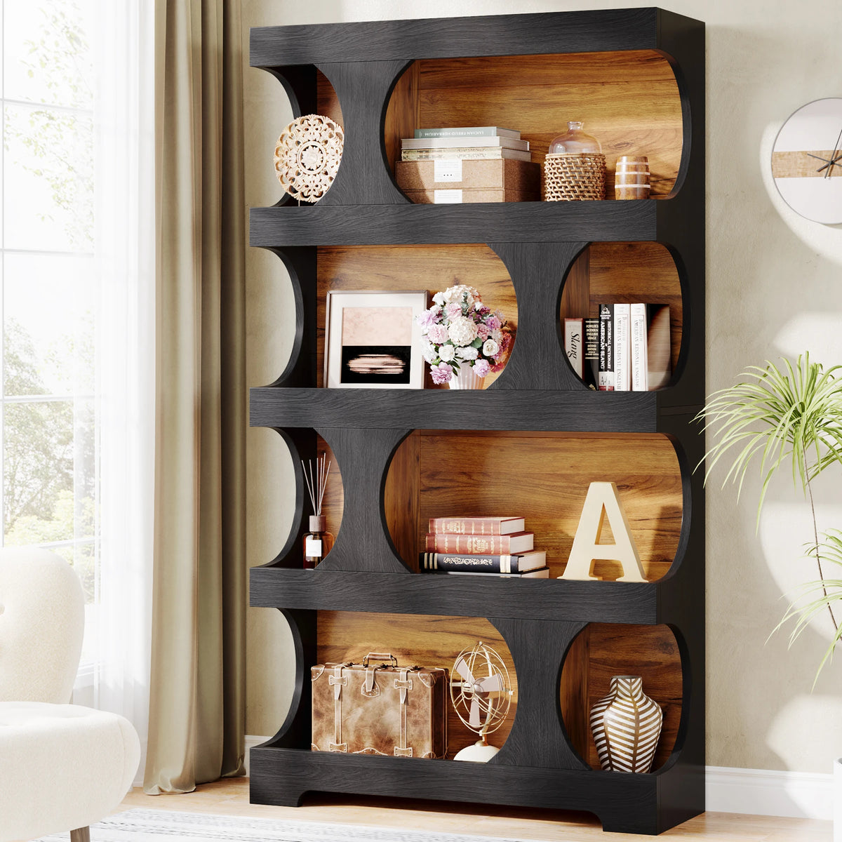 Tribesigns Four Tier S Shaped Wooden Freestanding Bookcase