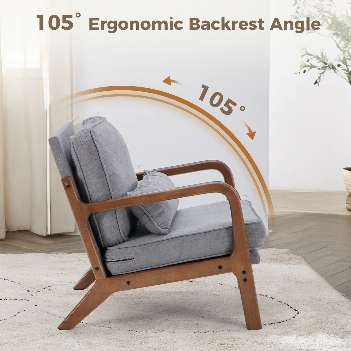 JHK Mid Century Modern Wooden Accent Chair With Fabric Cushions