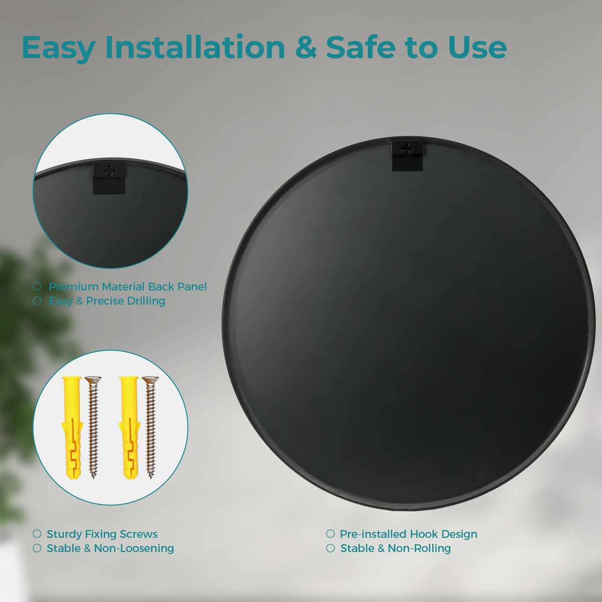 JHK Round Wall Mirror Tempered Glass Waterproof Decorative Design