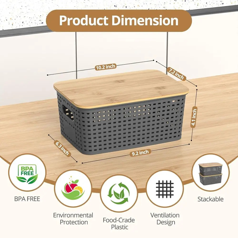 Plastic Storage Baskets With Bamboo Lids Stackable Organizer Bins