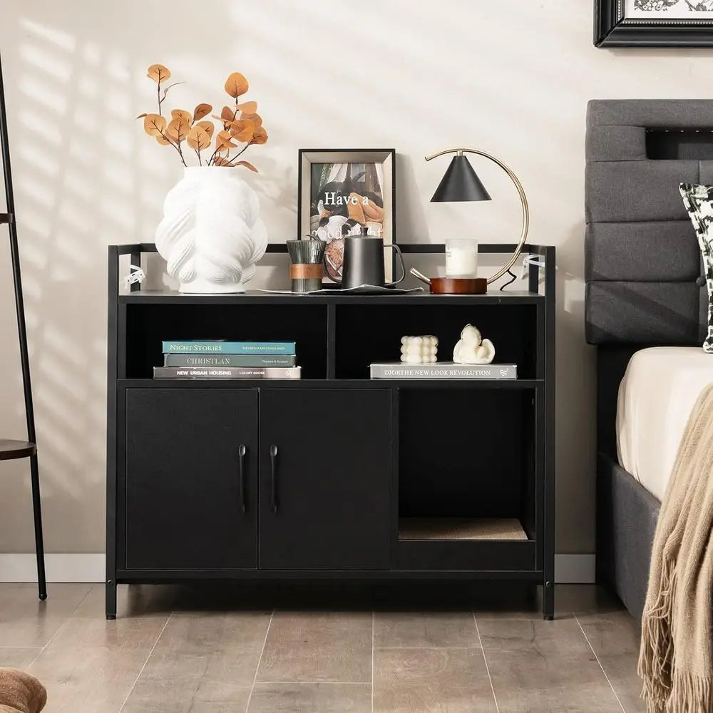 Compact Cat Litter Box Furniture Cabinet With Front Entry Shelf