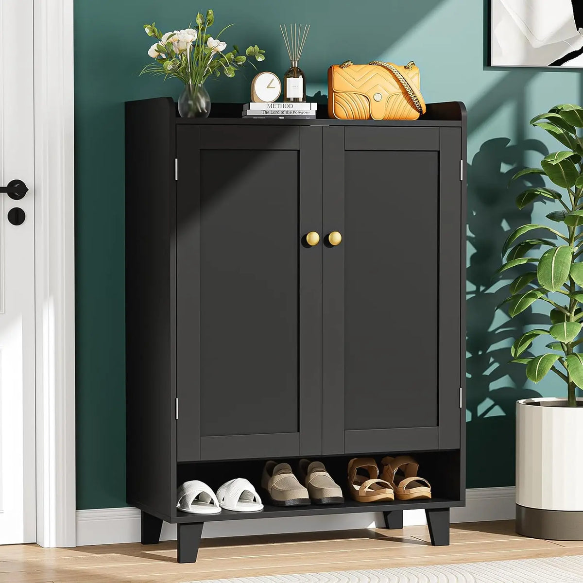 Modern Wooden Shoe Cabinet With Doors And Adjustable Shelf Storage