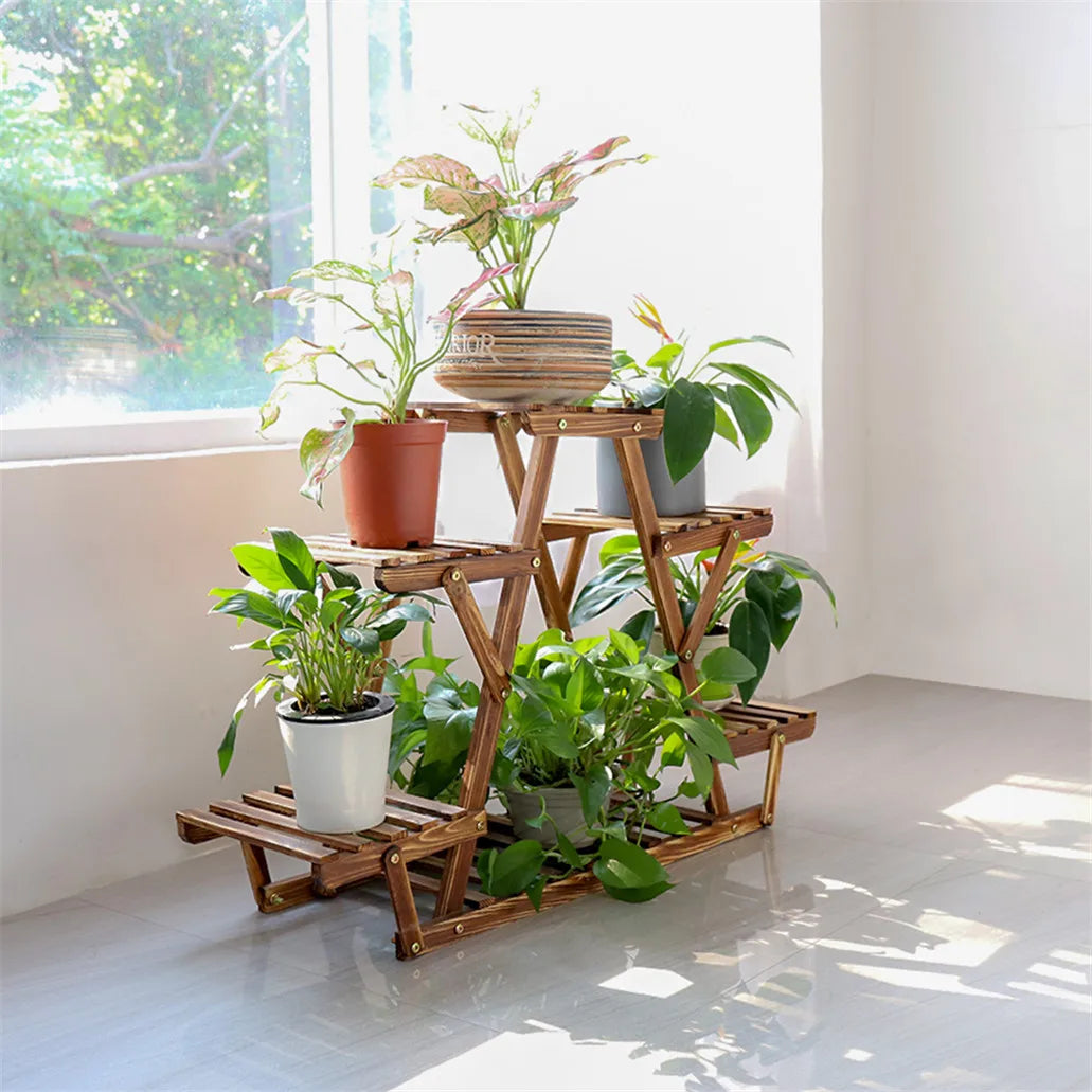 6 Tiered Carbonized Wood Corner Plant Stand Display Rack