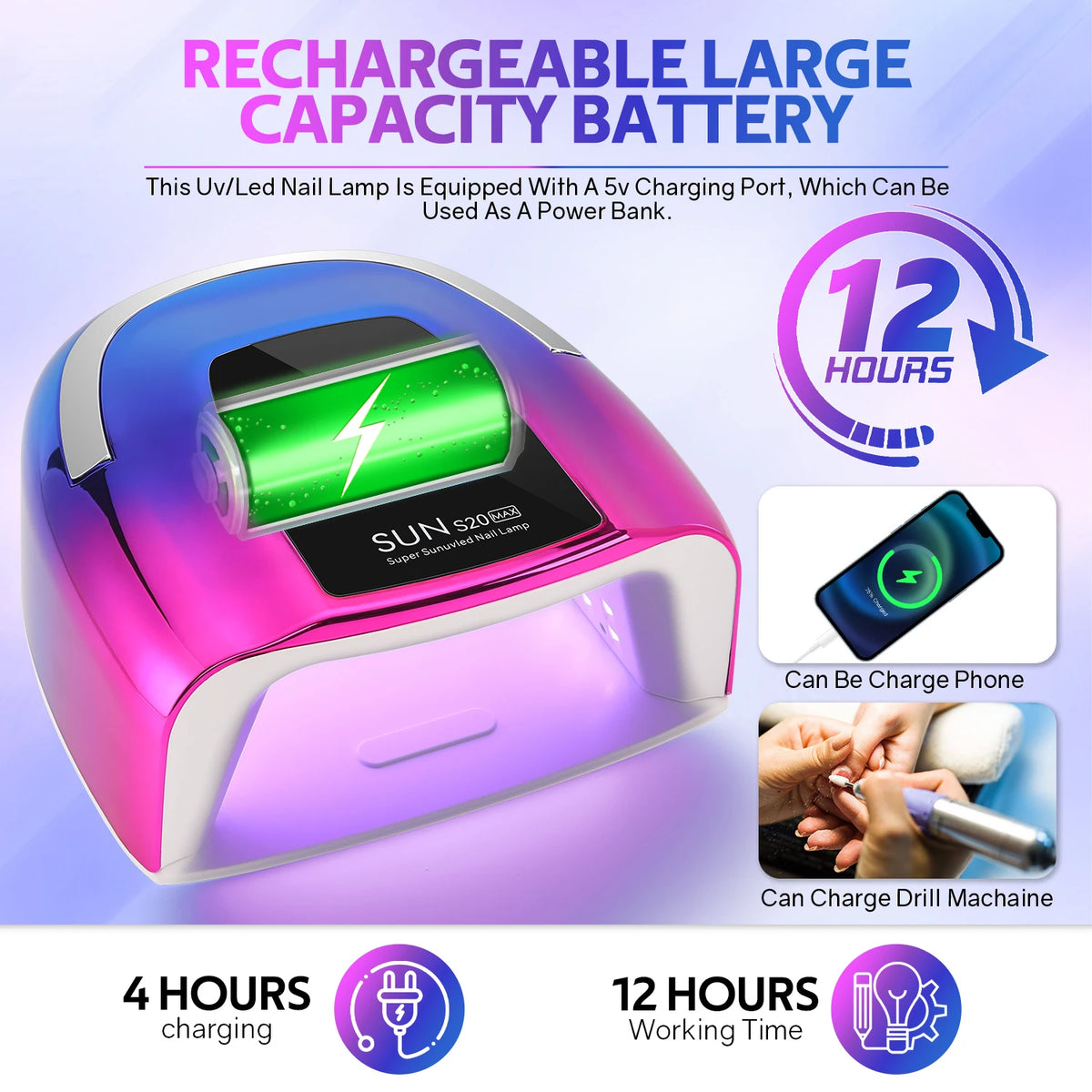 SAYSALLY 48Leds 200W UV Nail Lamp With LCD Screen Rechargeable