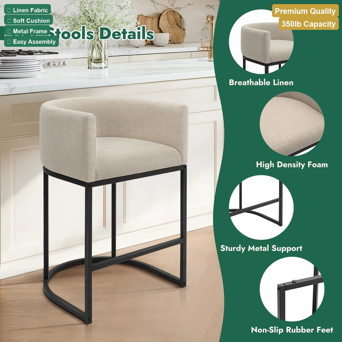 Premium Counter Height Dining Bar Stools With Elegant Linen Upholstery