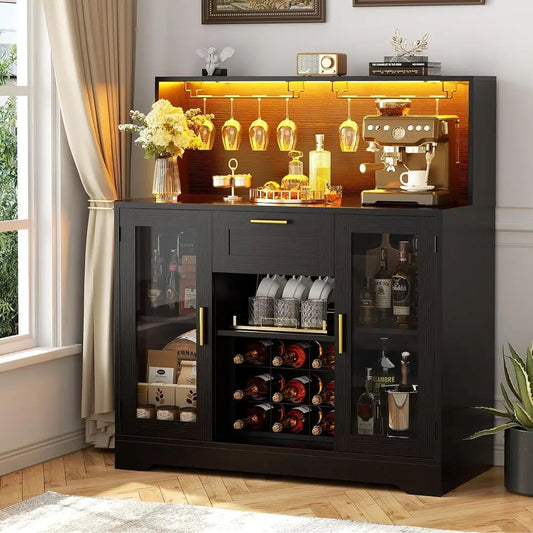LED Wine Bar Cabinet With Glass Holder And Storage Rack