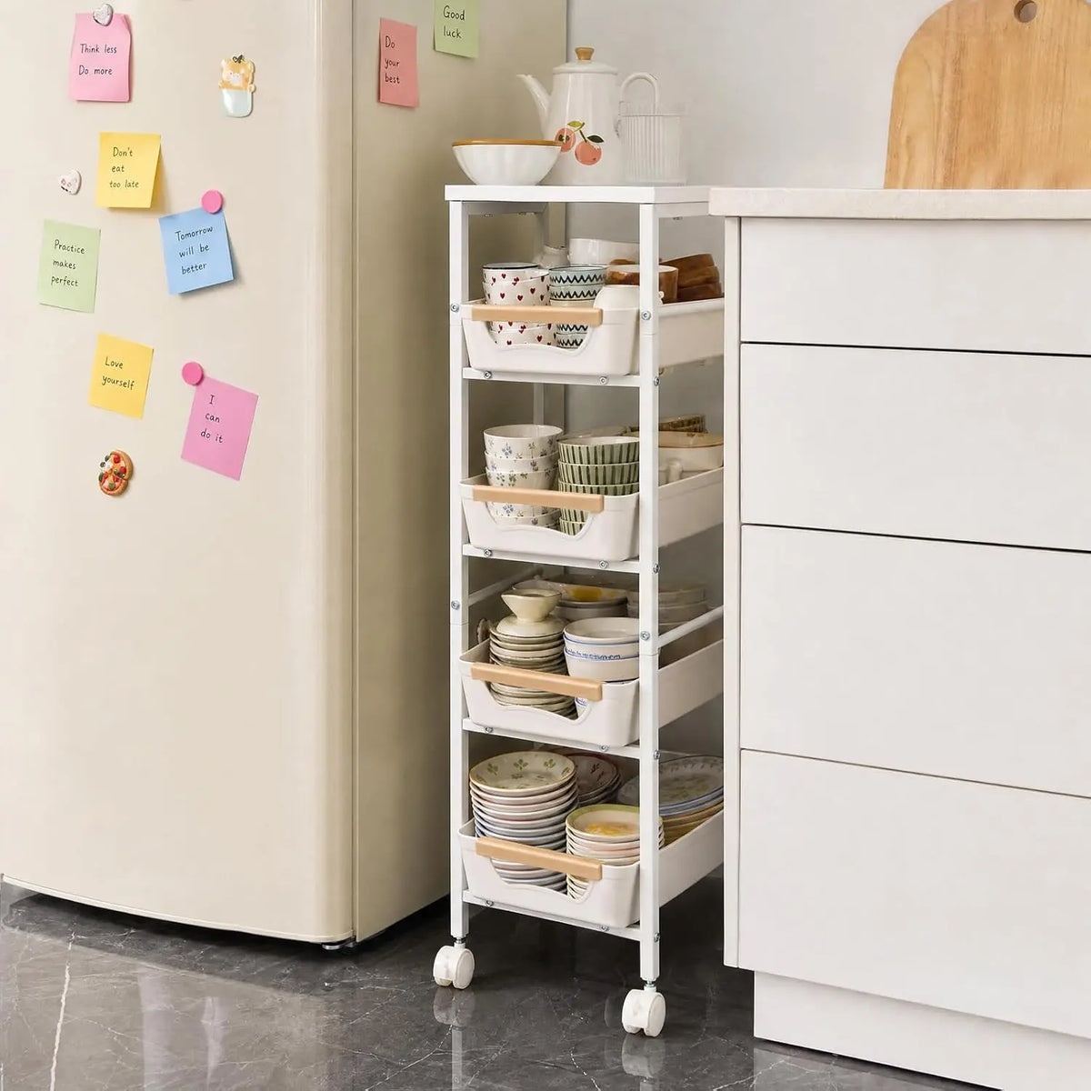 HiMiss 5 Tier Rolling Storage Cart With Wooden Top Shelf