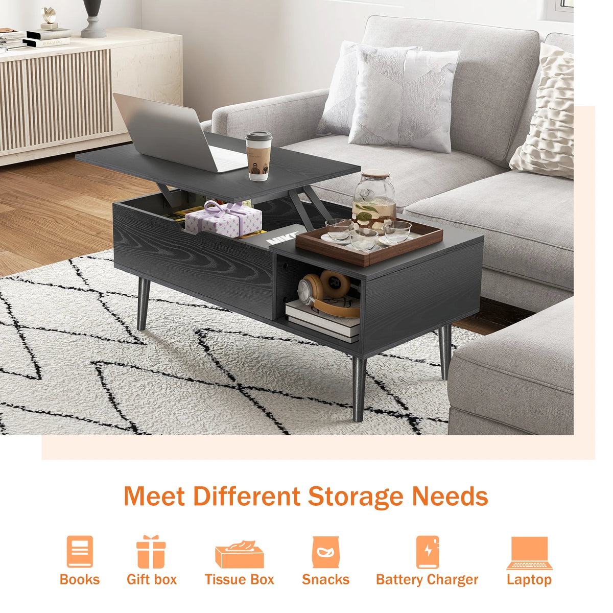 JHK Adjustable Lift Top Wooden Coffee Table And Storage Shelf
