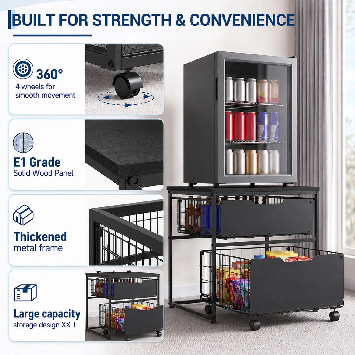 HiMISS Rolling Mini Fridge Stand With Pull Out Storage Baskets