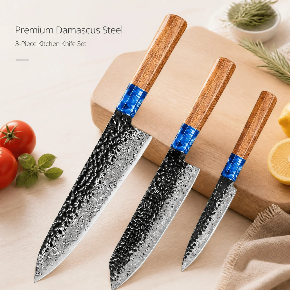 Woodfone Damascus Steel Three Piece Kitchen Knife Set Hammered Blades
