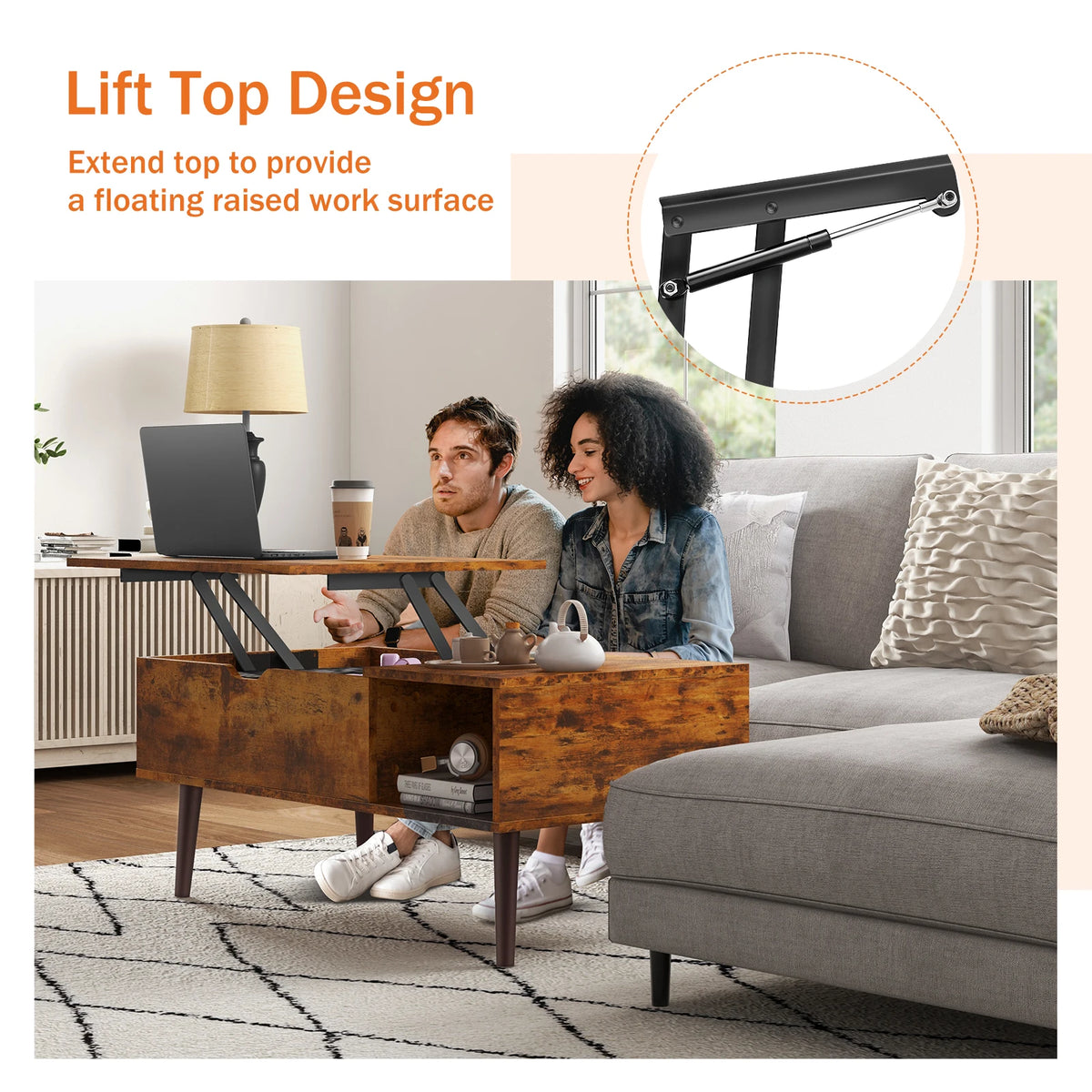 JHK Adjustable Lift Top Wooden Coffee Table And Storage Shelf