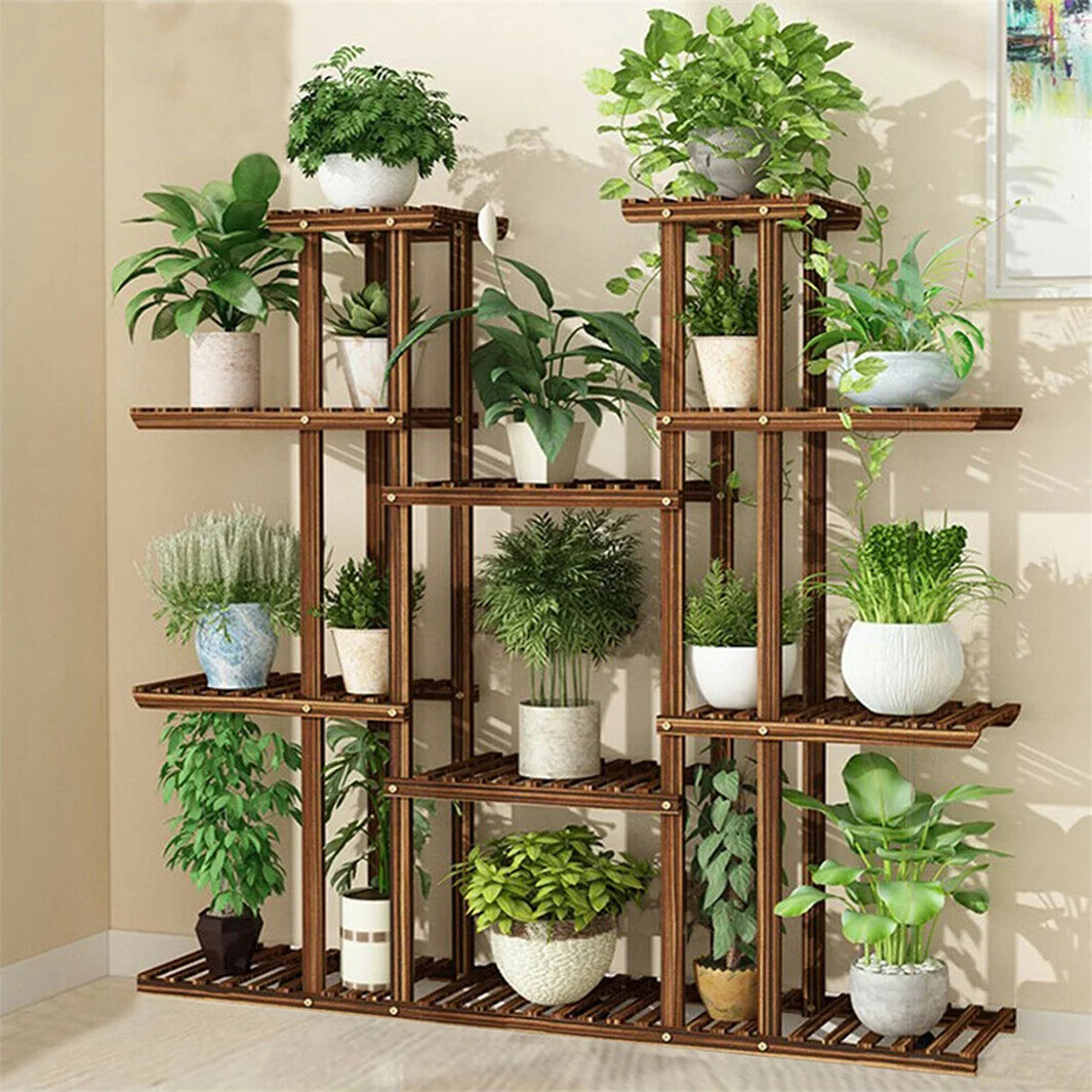 Carbonized Wood 11 Tier Plant Stand Indoor Outdoor Display Shelf