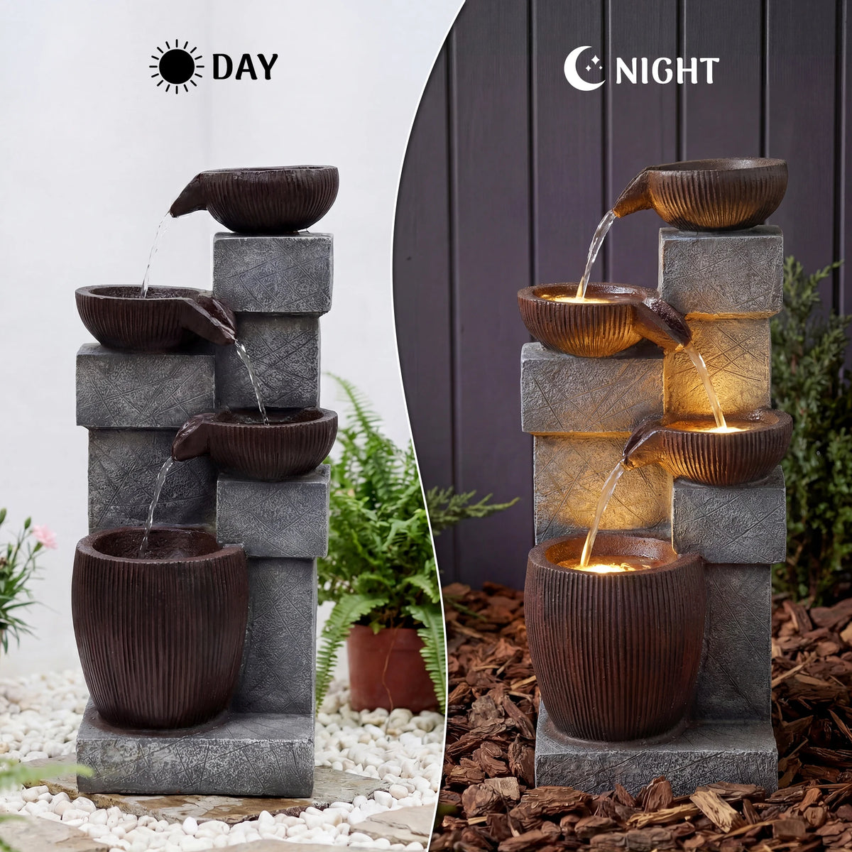 Cascading LED Water Fountain With Weather Resistant Resin Design