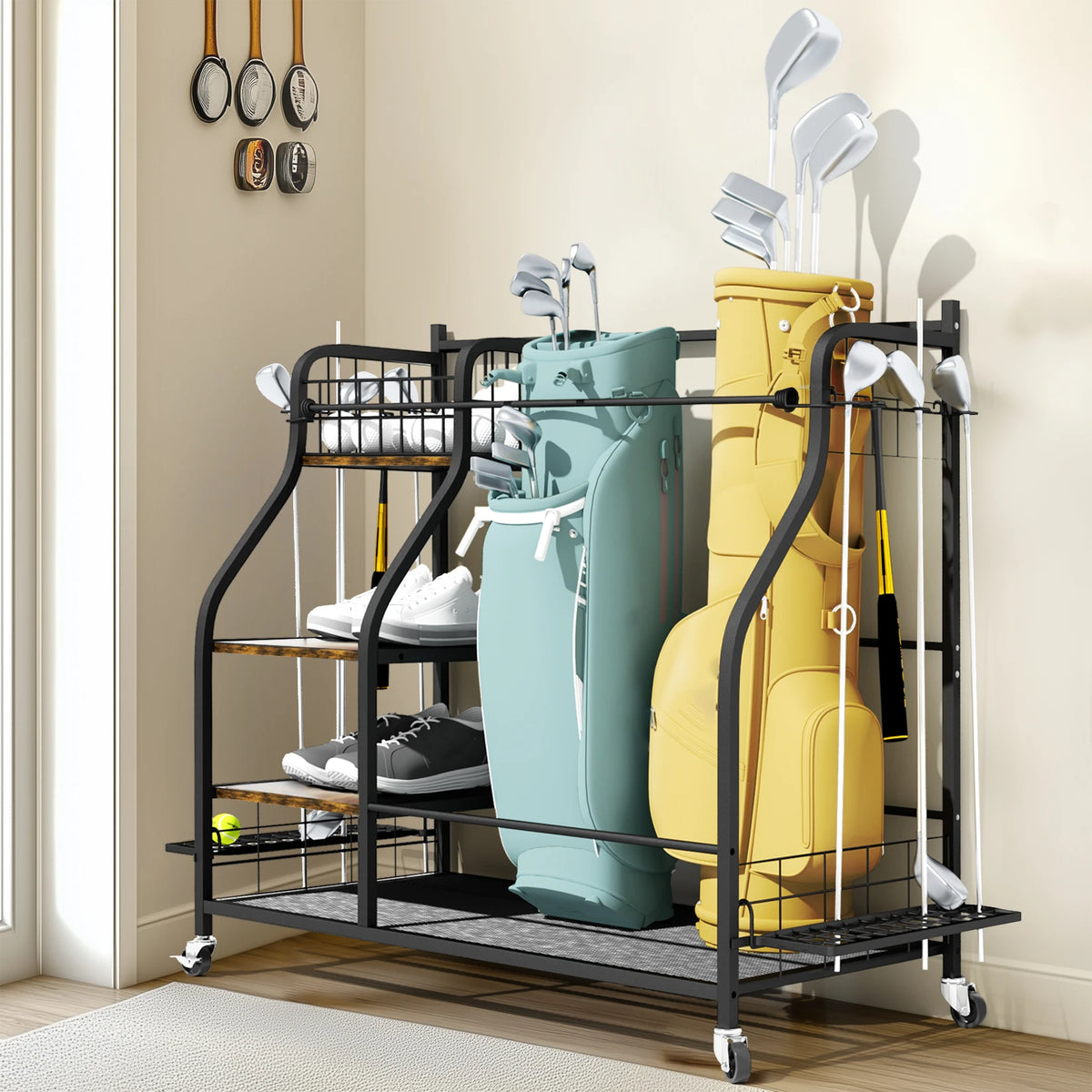 Three Tier Rolling Metal Storage Rack For Sports Gear