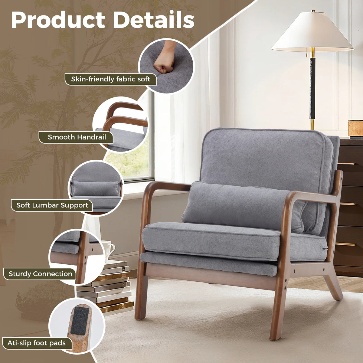 JHK Mid Century Modern Wooden Accent Chair With Fabric Cushions