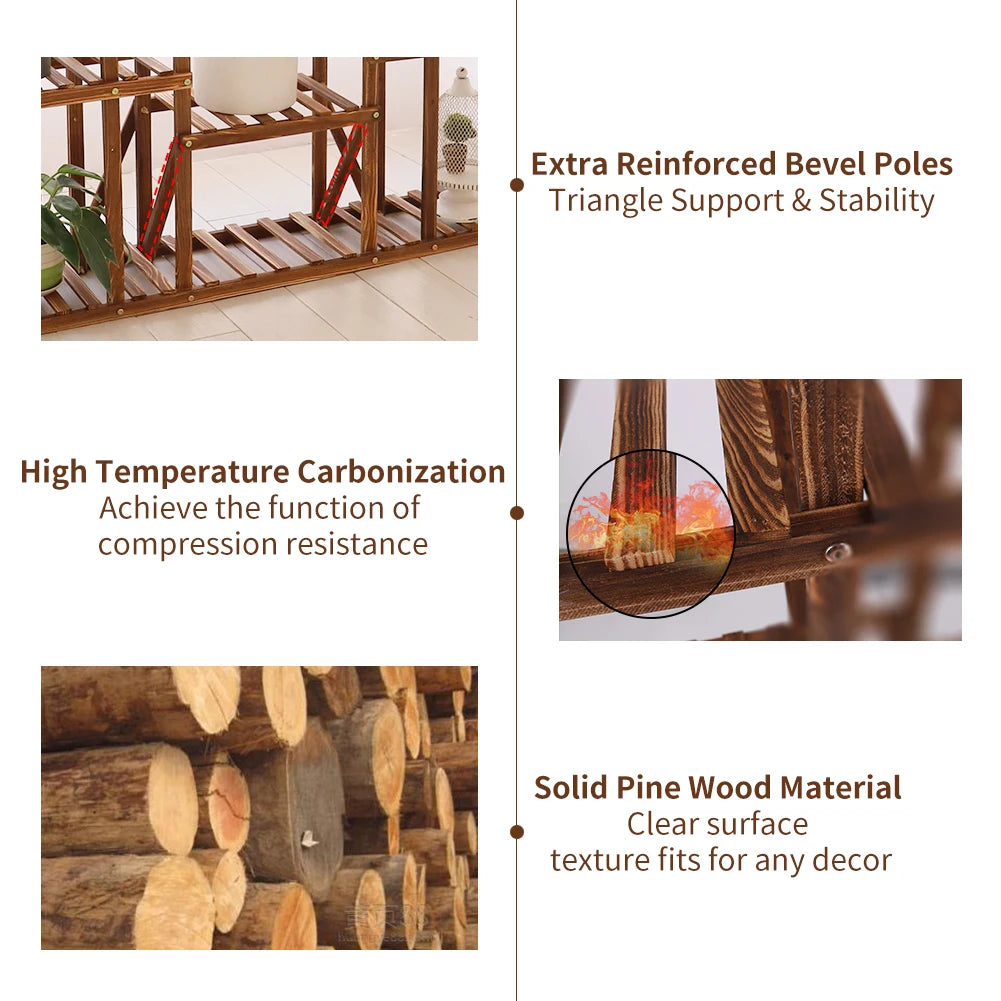 Carbonized Wood 11 Tier Plant Stand Indoor Outdoor Display Shelf