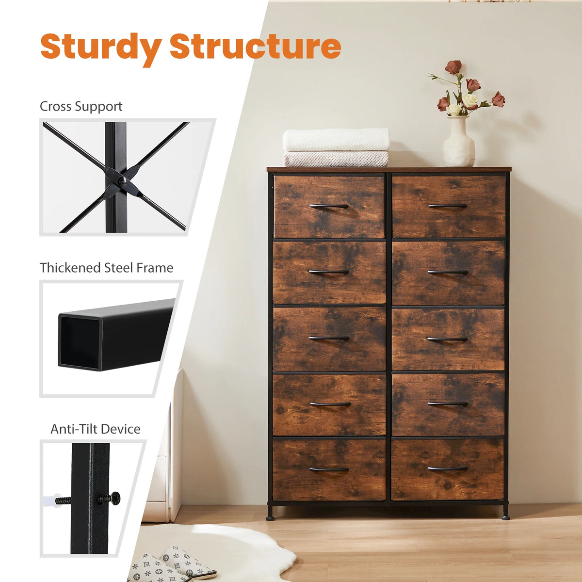 JHK Steel Frame Bedroom Dresser With Fabric Storage Drawers