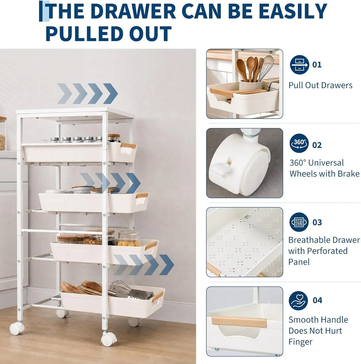 HiMiss 5 Tier Rolling Storage Cart With Wooden Top Shelf