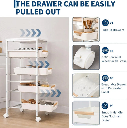 HiMiss 5 Tier Rolling Storage Cart With Wooden Top Shelf