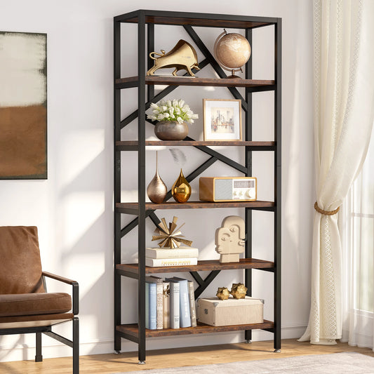 Tribesigns Industrial Library Bookcase With Metal Frame And Wood Shelves