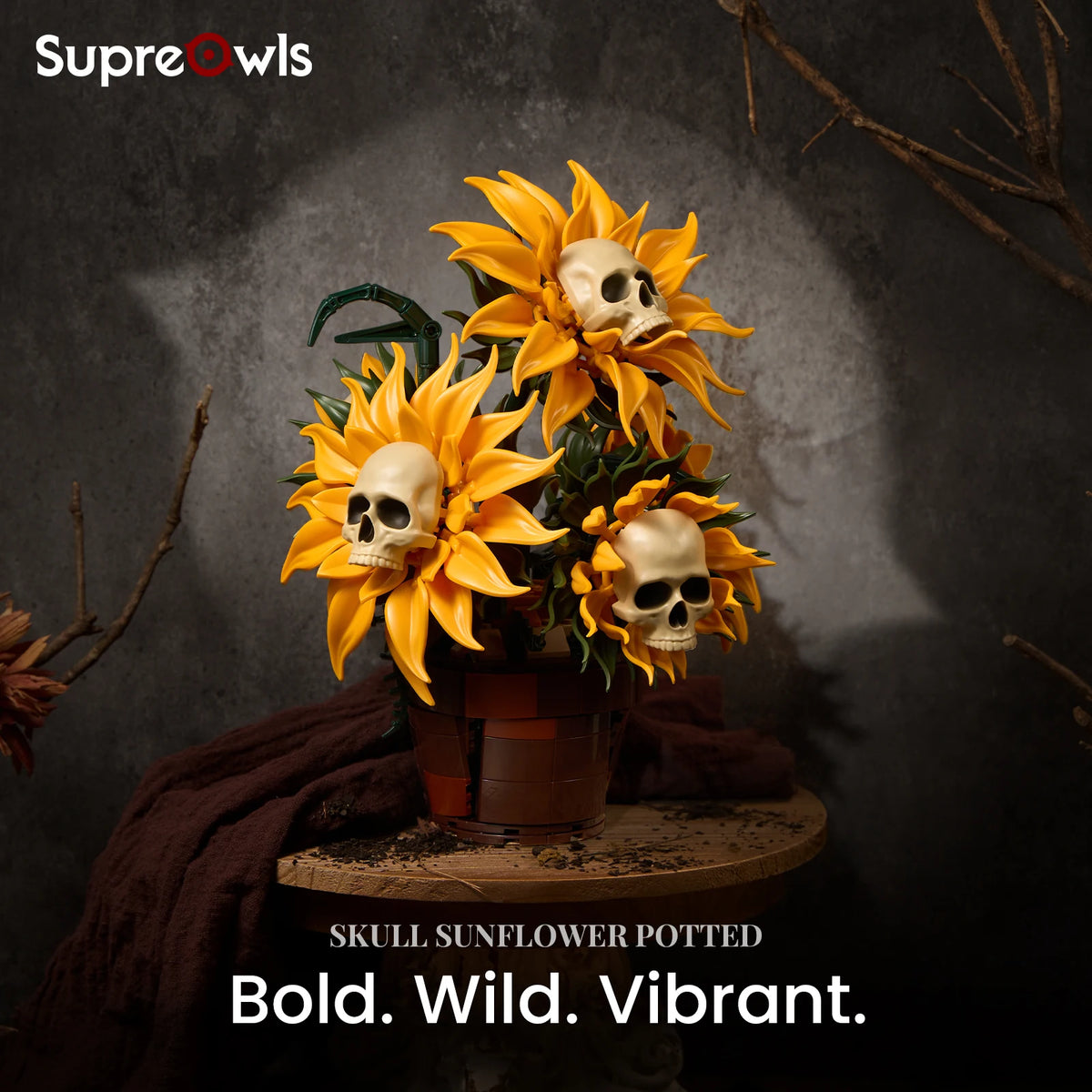 SupreOwls Skull Sunflower Building Blocks Halloween Decor Set