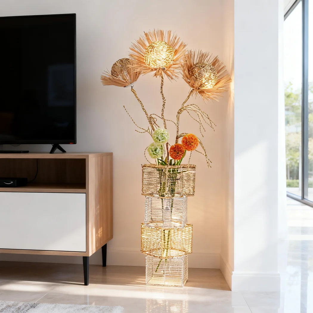 Modern Rattan Standing Floor Lamp Featuring Dimmable LED Flower Design