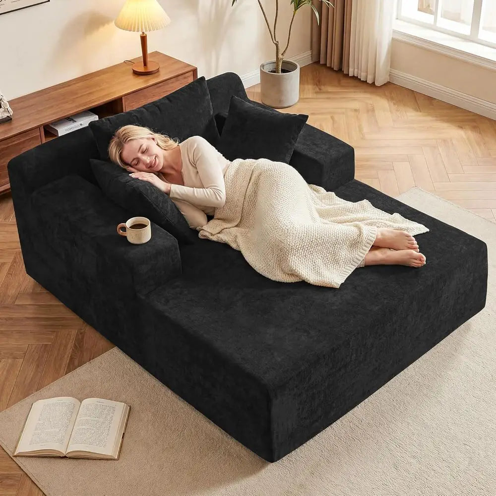 Indoor Chenille Rotating Chaise Lounge Chair With Throw Pillows