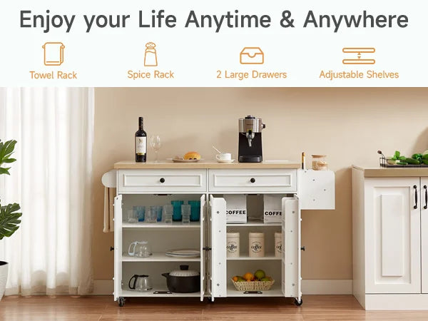 Rolling Wooden Kitchen Island With Drop Leaf And Drawers