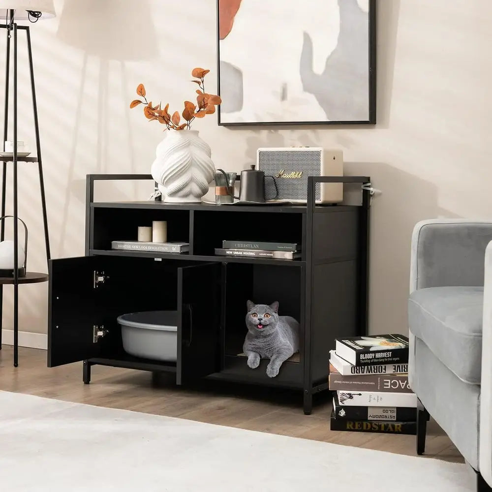 Compact Cat Litter Box Furniture Cabinet With Front Entry Shelf