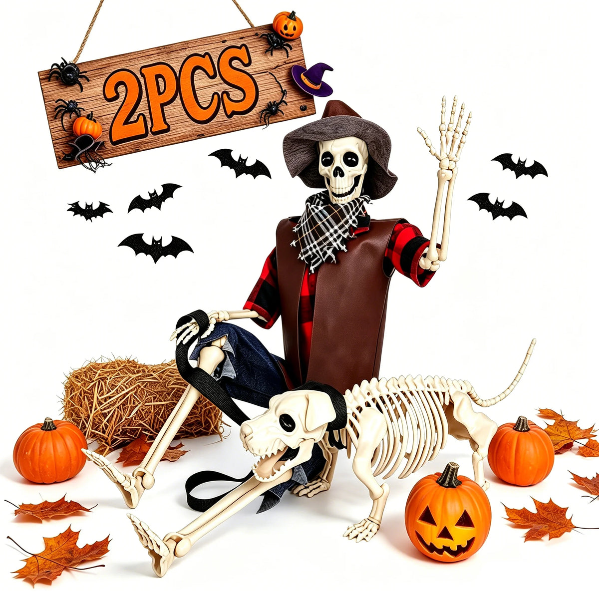 Halloween Cowboy Skeleton and Dog Posable Outdoor Decorations