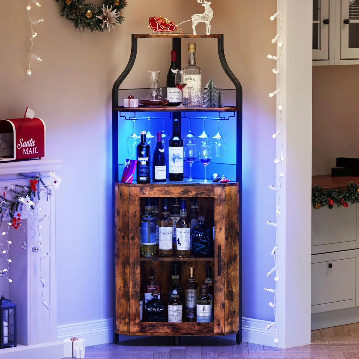 HiMISS Corner Bar Wine Cabinet With LED Light And Rack