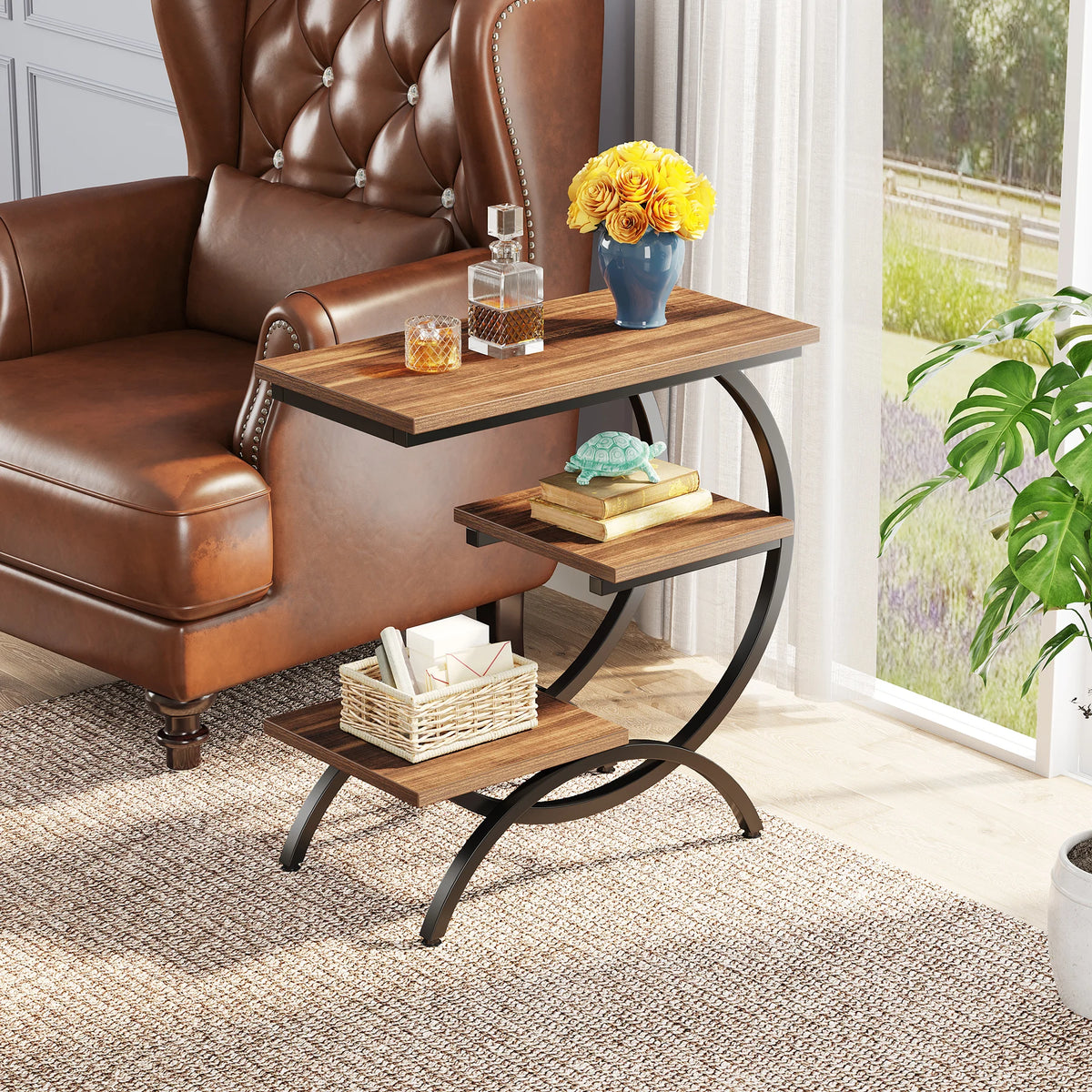 Tribesigns Industrial C Shaped End Table With Open Storage Shelf