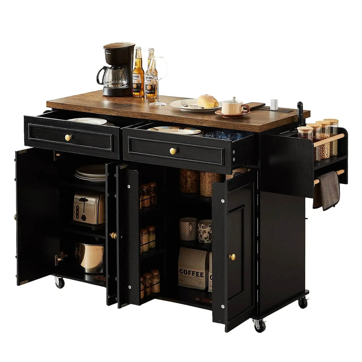 Rolling Wooden Kitchen Island With Drop Leaf And Drawers