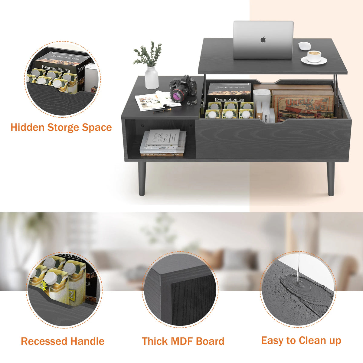 JHK Adjustable Lift Top Wooden Coffee Table And Storage Shelf