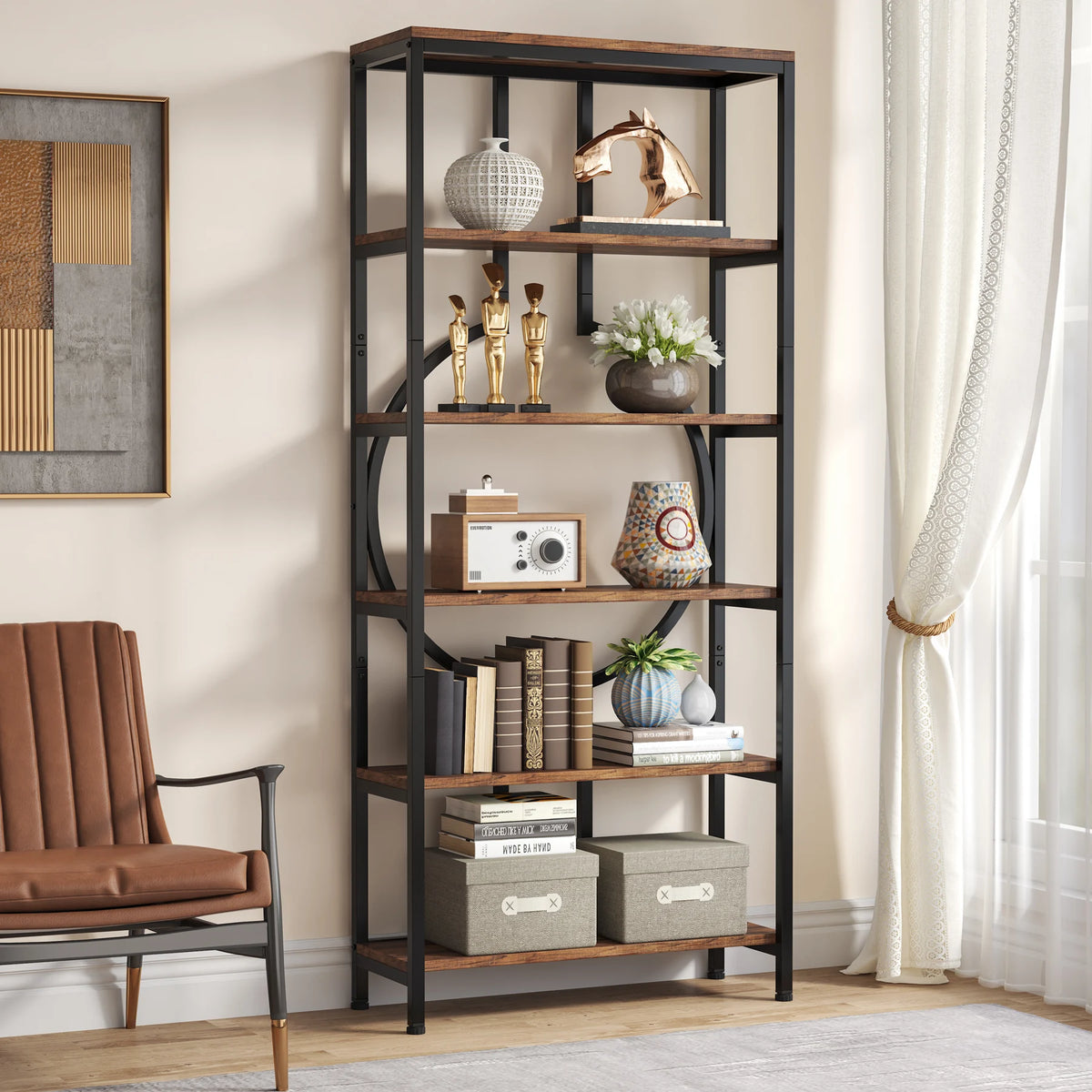 Tribesigns Industrial Library Bookcase With Metal Frame And Wood Shelves