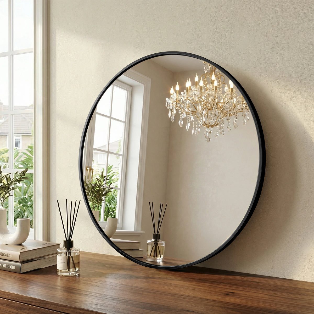 JHK Round Wall Mirror Tempered Glass Waterproof Decorative Design