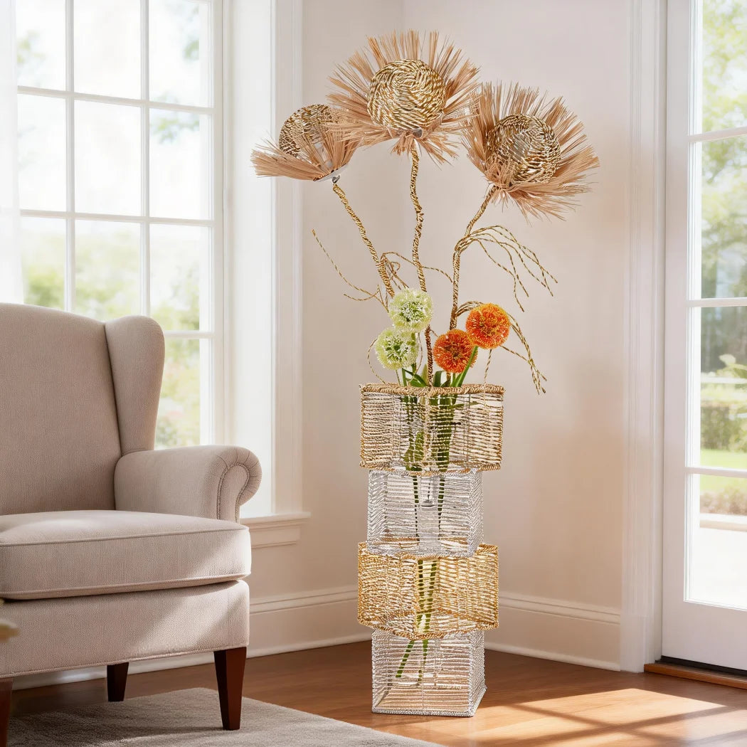 Modern Rattan Standing Floor Lamp Featuring Dimmable LED Flower Design