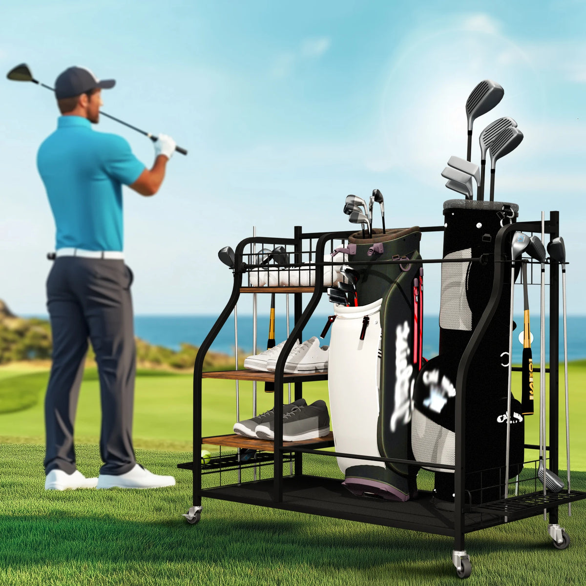 Three Tier Rolling Metal Storage Rack For Sports Gear