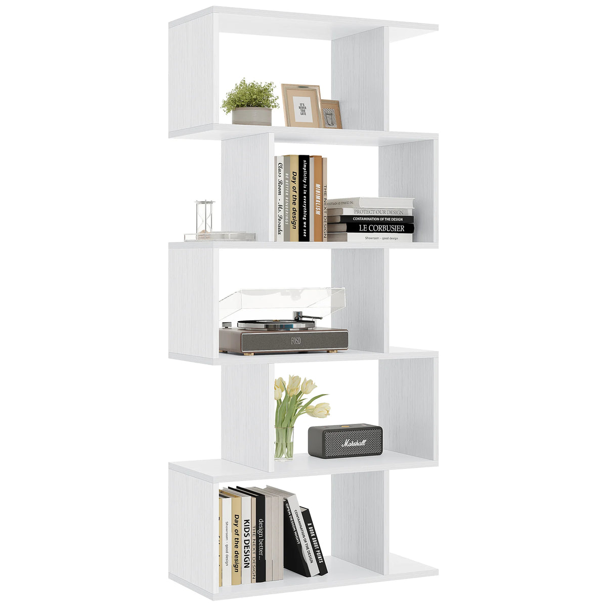 JHK Modern Five Tier S Shape Wooden Geometric Bookcase