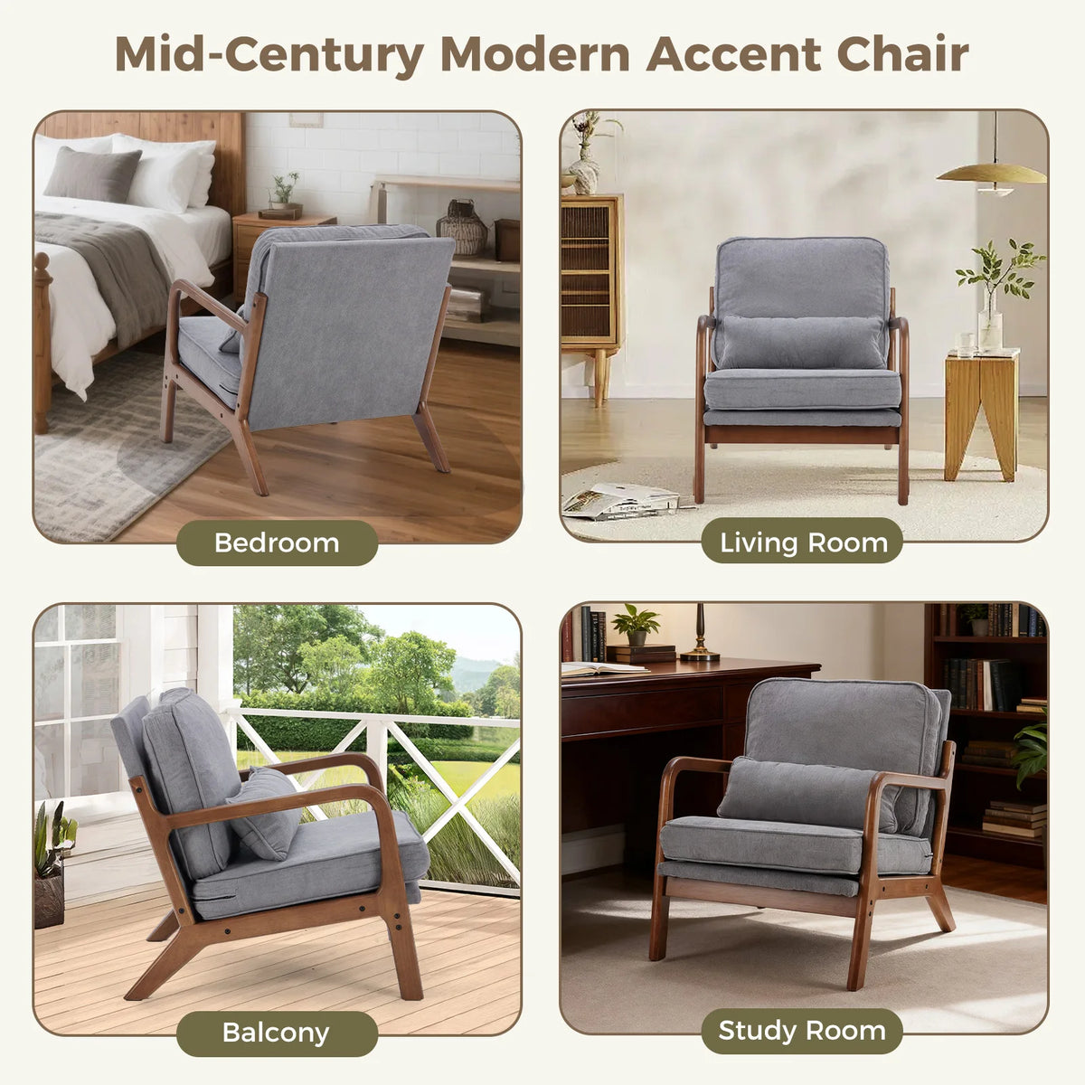 JHK Mid Century Modern Wooden Accent Chair With Fabric Cushions