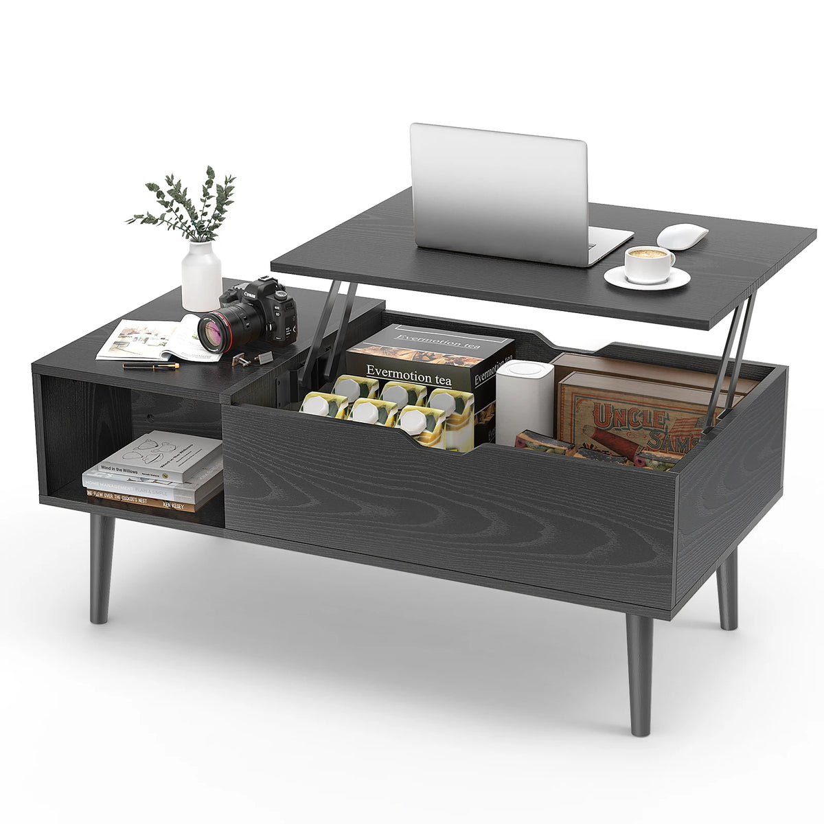 JHK Adjustable Lift Top Wooden Coffee Table And Storage Shelf