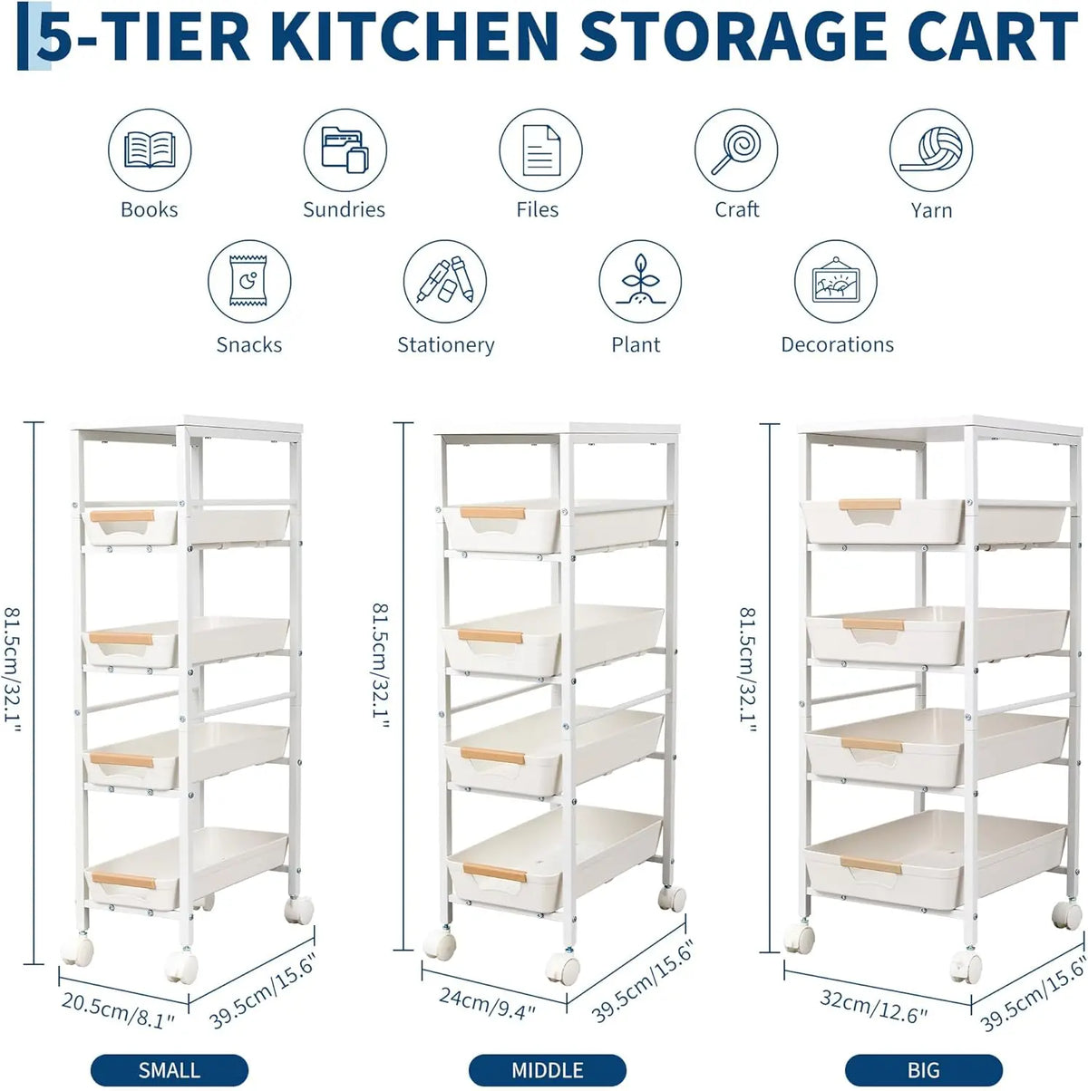 HiMiss 5 Tier Rolling Storage Cart With Wooden Top Shelf