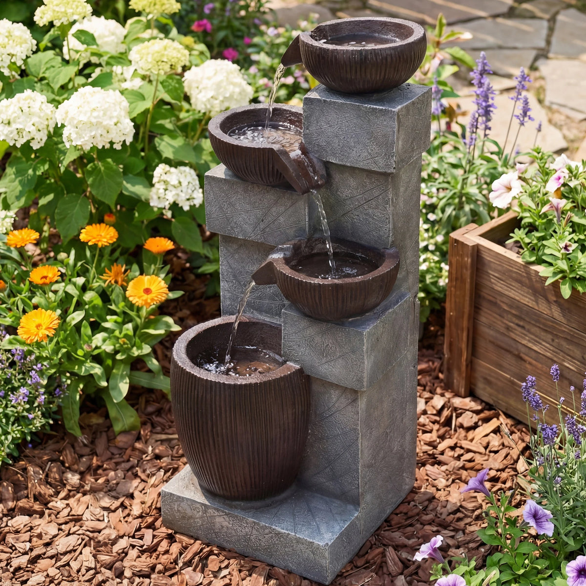 Cascading LED Water Fountain With Weather Resistant Resin Design