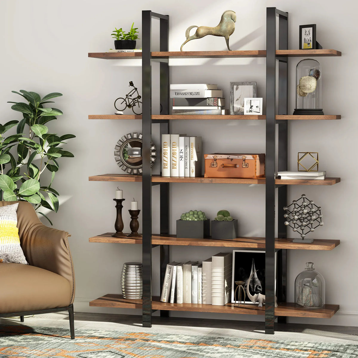 Tribesigns Industrial Library Bookcase With Metal Frame And Wood Shelves
