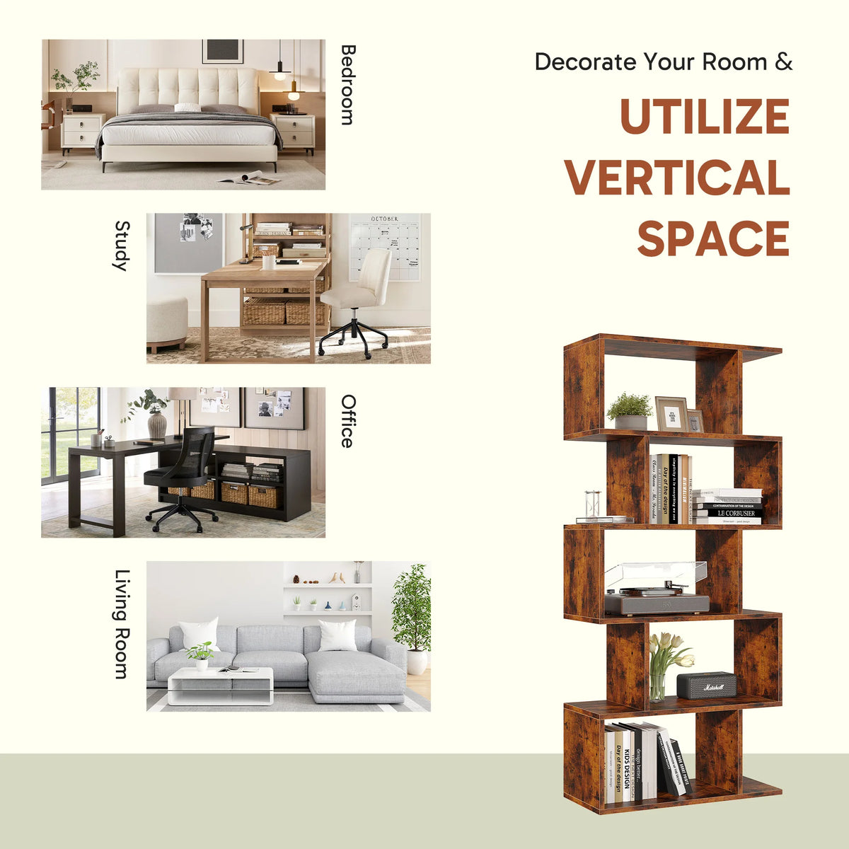 JHK Modern Five Tier S Shape Wooden Geometric Bookcase