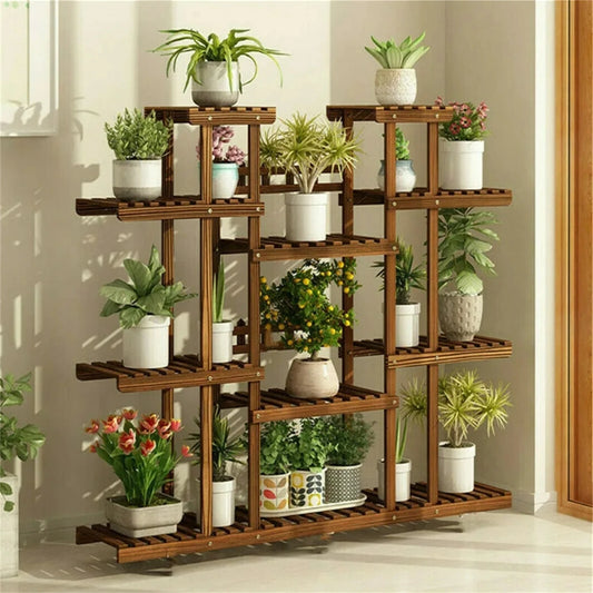Carbonized Wood 11 Tier Plant Stand Indoor Outdoor Display Shelf