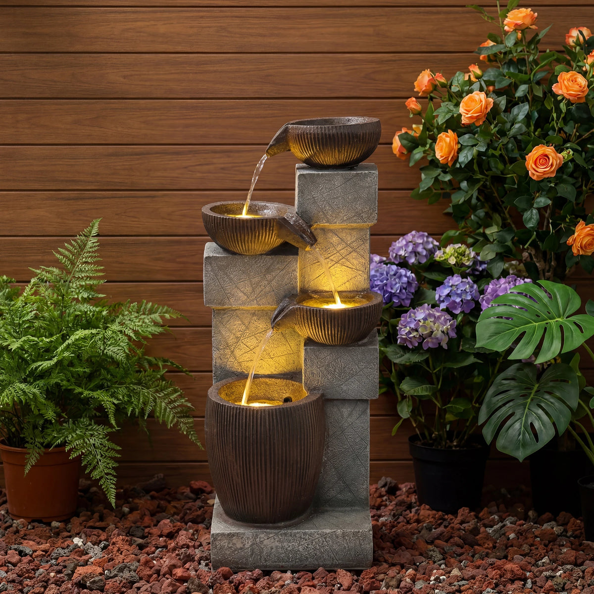 Cascading LED Water Fountain With Weather Resistant Resin Design